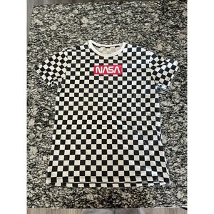 NASA Tee Shirt Mens Black White Checkerboard Print Spellout Logo Casual Wear